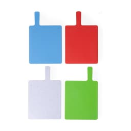 Four chopping boards in blue, red, white, and green, featuring a handle on each for easy use. Each board has a smooth surface.