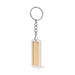 A rectangular keyring with a silver chain and a wooden centre, featuring a textured grey border.
