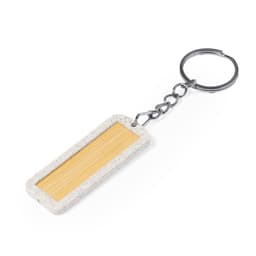 A rectangular keyring with a grey and beige frame, featuring a wooden centre, attached to a silver chain.