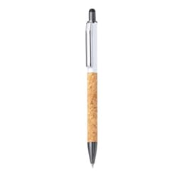 A ballpoint pen with a cork grip and a silver clip, featuring a sleek white barrel.
