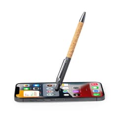 A ballpoint pen with a cork grip and silver accents resting on a smartphone screen. Includes a branding logo.