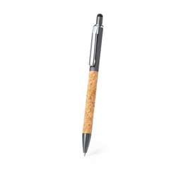 A ballpoint pen with a cork barrel and black accents, featuring a clip and stylus tip, and includes a logo.