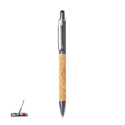 A ballpoint pen with a black top and cork grip, featuring a silver clip and stylus tip, displayed against a neutral background.