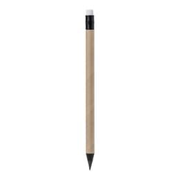 A grey-lead pencil with a natural wood finish and a black top. It features a logo.