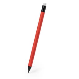 A grey-lead pencil with a red body and a black eraser on the top. It has a pointed tip.