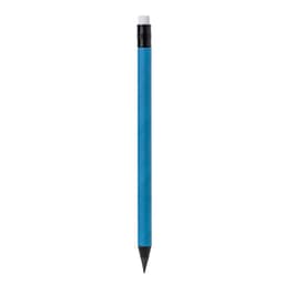 A blue grey-lead pencil with a black top and a sharpened tip. The pencil features a logo.