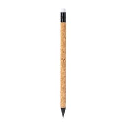 A pencil with a cork body and a black tip, featuring a black band near the top. It has a simplistic design.