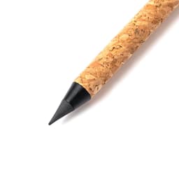 A pencil with a cork body and a black tip, featuring a simple design with a natural texture.