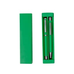 A green gift box containing two metal pens, featuring a sleek design and accentuated with black detailing.