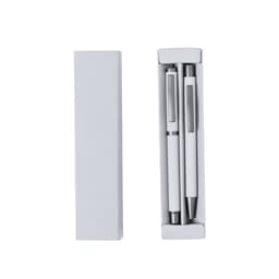 A metal pen gift set in a white box, featuring two silver and white pens, one with a clip and one ballpoint.