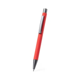 A red metal pen with a sleek design and silver clip, featuring a simple branding logo.