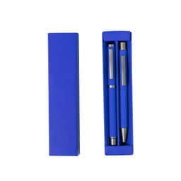 A blue gift box containing two metal pens with silver accents. The box has a sleek design and branding visible.