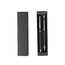 A black gift box containing two metal pens, one with a smooth finish and the other with a textured grip.