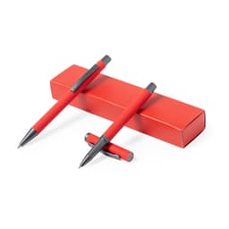 A red gift set featuring two metal pens and a matching red box. The set includes a pen with a cap and a click pen.