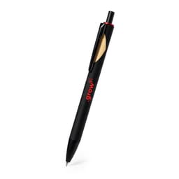 A black wooden pen with a red accent, featuring a logo, resting on a white background.