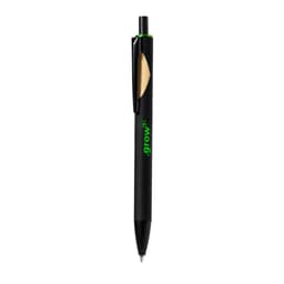 A black wooden pen with a green clip and a logo. The pen features a sleek design suitable for writing.