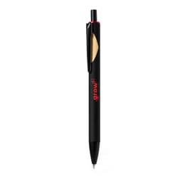 A wooden pen in black with a red accent and a clip, featuring a branding logo.