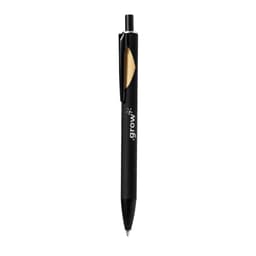 A black wooden pen with a clip and a logo on the body. The pen features a sleek design.
