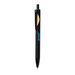 A black wooden pen with a blue accent and a logo on the clip.