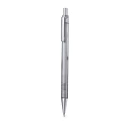 A silver pencil with a textured grip and a clip for easy attachment. It features a simple design and a branded logo.