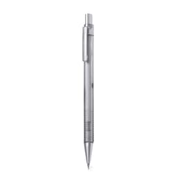 A silver ballpoint pen with a transparent barrel and grip, featuring a clip and a fine tip.