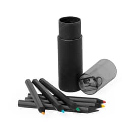 A cylindrical black container with a transparent lid, housing six coloured pencils in various colours, including yellow, blue, and red.