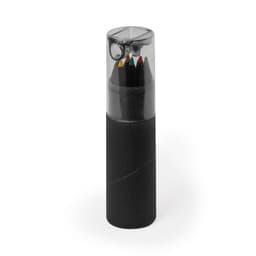 A cylindrical black holder with a transparent lid contains several coloured pencils in various colours.