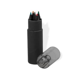 A cylindrical black container holding several coloured pencils, with a clear lid and a sharpener beside it.