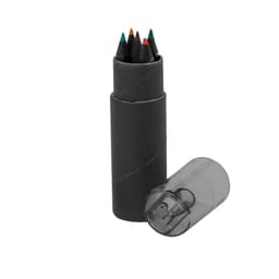A cylindrical black container holding coloured pencils in green, blue, black, red, and orange, with a transparent cap.