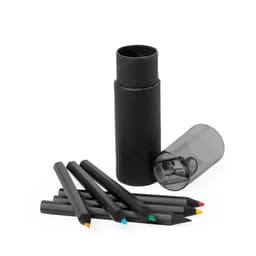 A set of coloured pencils in a black tube, featuring green, blue, yellow, red, and black pencils. The tube has a transparent lid.