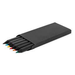A box of coloured pencils in black packaging, featuring shades of green, blue, orange, red, and yellow.