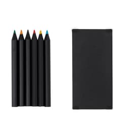 A set of six coloured pencils in orange, red, green, blue, yellow, and black, next to a black notebook.