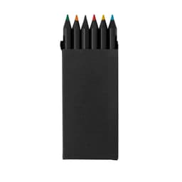 A pack of seven coloured pencils in green, yellow, orange, red, blue, and black, housed in a black box with a logo.