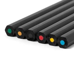 A set of six hexagonal black pencils with coloured ends in green, orange, red, yellow, and blue.
