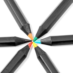 A collection of coloured pencils with black bodies, featuring tips in red, yellow, green, blue, and orange.