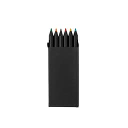 A box containing six coloured pencils in orange, red, green, blue, black, and yellow, with a sleek black design.