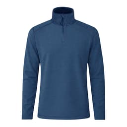 A polar fleece jacket in navy blue with a half-zip front and high collar, featuring branding on the chest.