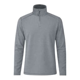 A polar fleece jacket in grey with a half-zip collar and long sleeves, featuring a logo on the chest.
