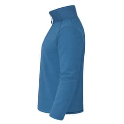 A polar fleece jacket in a bright blue colour with a high collar and a simple design. It features branding.