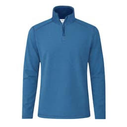 A polar fleece jacket in a vibrant blue colour, featuring a half-zip collar and long sleeves. It has a logo on it.