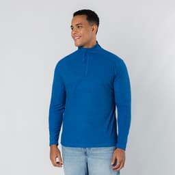 A polar fleece jacket in a vibrant blue worn by a smiling man, featuring a half-zip design and long sleeves.