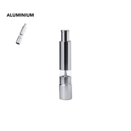 A sleek silver salt and pepper mill made of aluminium, featuring a clear section to see the contents.