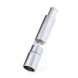 A shiny silver salt and pepper mill with a clear middle section, showcasing its modern design.