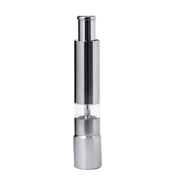 A silver salt and pepper mill with a sleek, modern design featuring a transparent section and a stainless steel finish.
