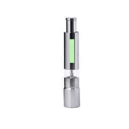 A sleek silver salt and pepper mill with a transparent middle section and a green accent. Features a logo.