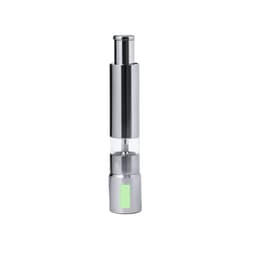 A sleek, chrome-finished salt and pepper mill with a transparent middle section and a subtle green logo.