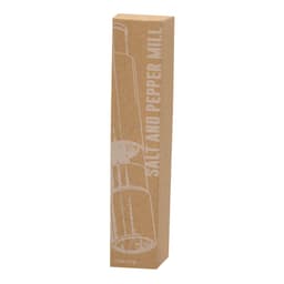 A salt and pepper mill in a brown cardboard packaging, featuring a logo and minimalistic design.