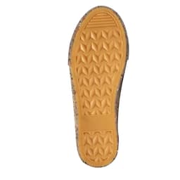 A colourful, patterned footwear sole with a textured grip and a yellowish-brown outsole. It features a logo.
