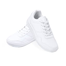 A pair of white sneakers with a simple design, featuring lace-up fastening and a textured sole.