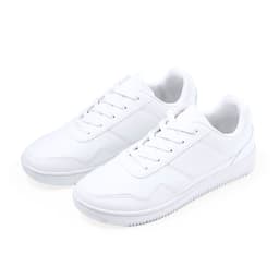 A pair of white lace-up sneakers featuring a smooth design and a logo on the side.
